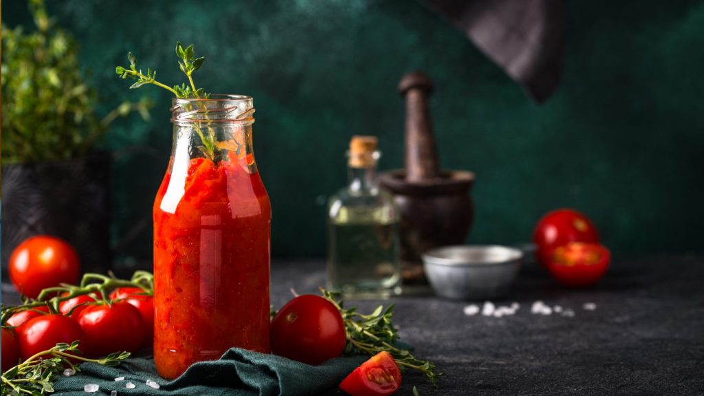 Marinara sauce in a jar surrounded by greenhouse tomatoes